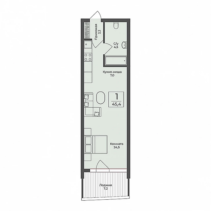 1-комнатная — 45–55 м²